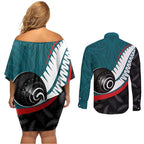 Personalised Aotearoa Lawn Bowls Couples Matching Off Shoulder Short Dress and Long Sleeve Button Shirt Maori and Silver Fern Sporty Style Teal Color - Aussie Hoodie