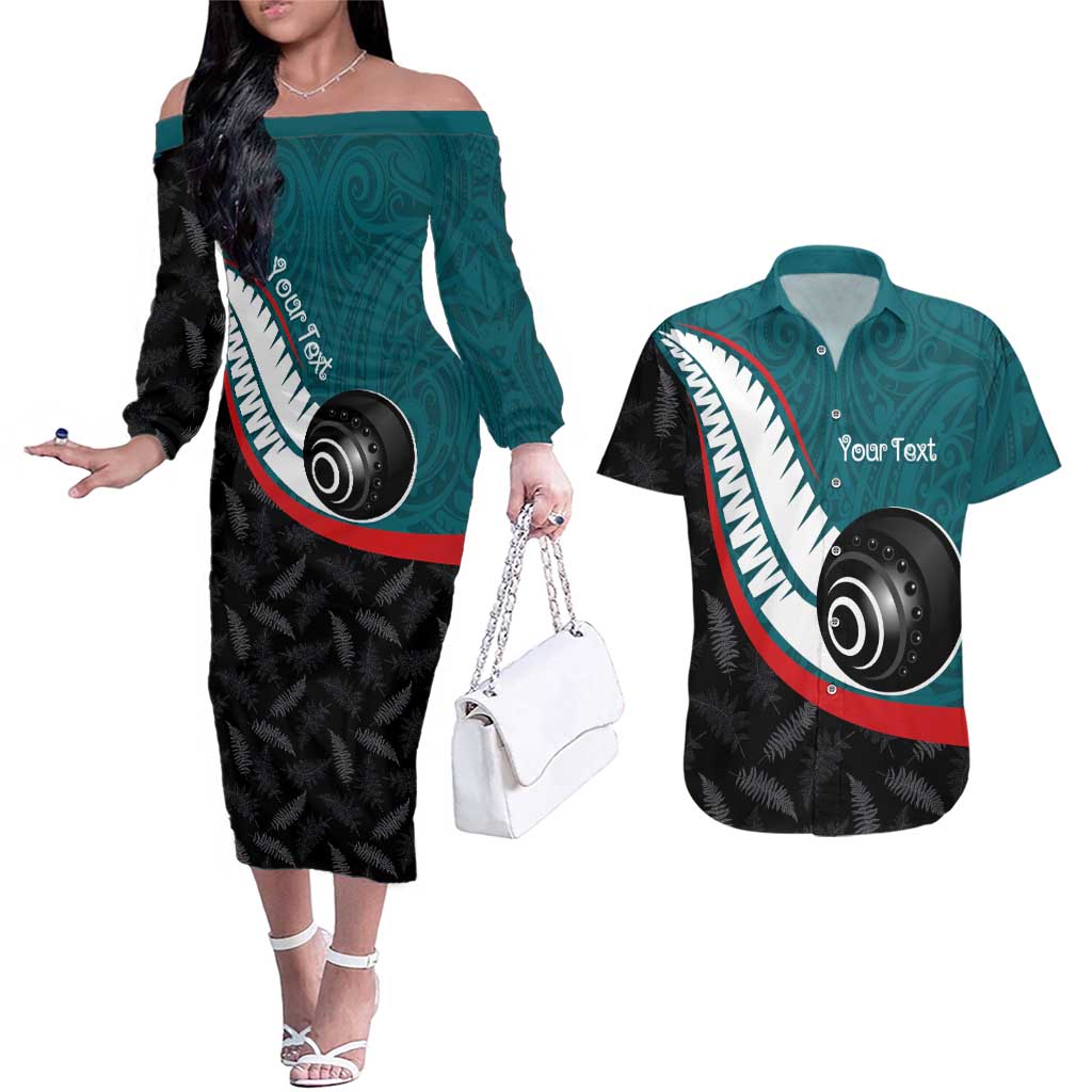 Personalised Aotearoa Lawn Bowls Couples Matching Off The Shoulder Long Sleeve Dress and Hawaiian Shirt Maori and Silver Fern Sporty Style Teal Color - Aussie Hoodie