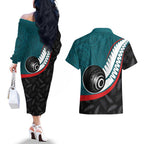 Personalised Aotearoa Lawn Bowls Couples Matching Off The Shoulder Long Sleeve Dress and Hawaiian Shirt Maori and Silver Fern Sporty Style Teal Color - Aussie Hoodie