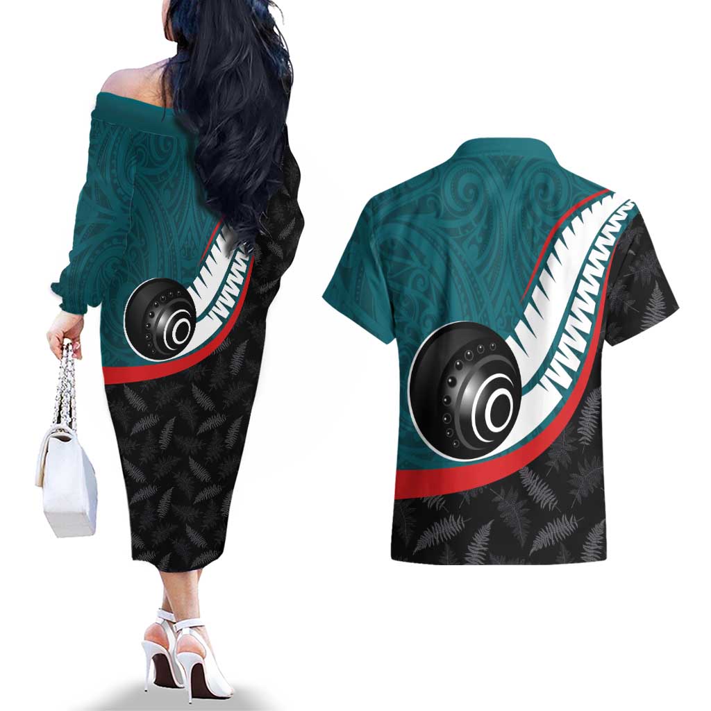 Personalised Aotearoa Lawn Bowls Couples Matching Off The Shoulder Long Sleeve Dress and Hawaiian Shirt Maori and Silver Fern Sporty Style Teal Color - Aussie Hoodie