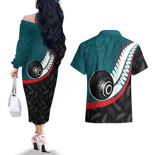 Personalised Aotearoa Lawn Bowls Couples Matching Off The Shoulder Long Sleeve Dress and Hawaiian Shirt Maori and Silver Fern Sporty Style Teal Color - Aussie Hoodie