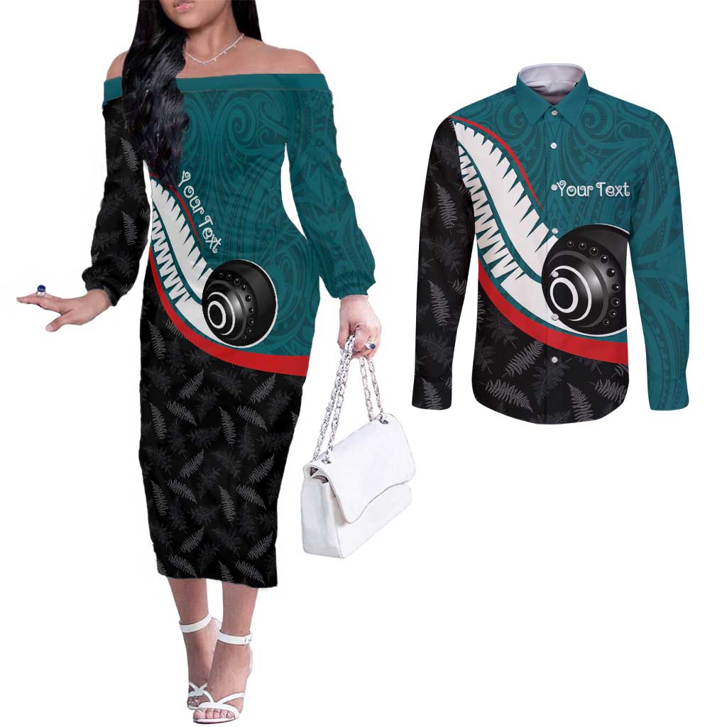 Personalised Aotearoa Lawn Bowls Couples Matching Off The Shoulder Long Sleeve Dress and Long Sleeve Button Shirt Maori and Silver Fern Sporty Style Teal Color - Aussie Hoodie