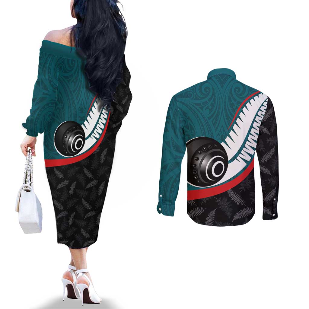 Personalised Aotearoa Lawn Bowls Couples Matching Off The Shoulder Long Sleeve Dress and Long Sleeve Button Shirt Maori and Silver Fern Sporty Style Teal Color - Aussie Hoodie