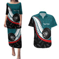 Personalised Aotearoa Lawn Bowls Couples Matching Puletasi and Hawaiian Shirt Maori and Silver Fern Sporty Style Teal Color - Aussie Hoodie