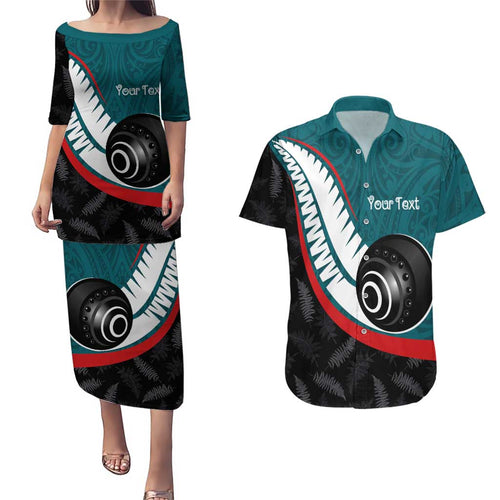 Personalised Aotearoa Lawn Bowls Couples Matching Puletasi and Hawaiian Shirt Maori and Silver Fern Sporty Style Teal Color - Aussie Hoodie