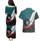 Personalised Aotearoa Lawn Bowls Couples Matching Puletasi and Hawaiian Shirt Maori and Silver Fern Sporty Style Teal Color - Aussie Hoodie