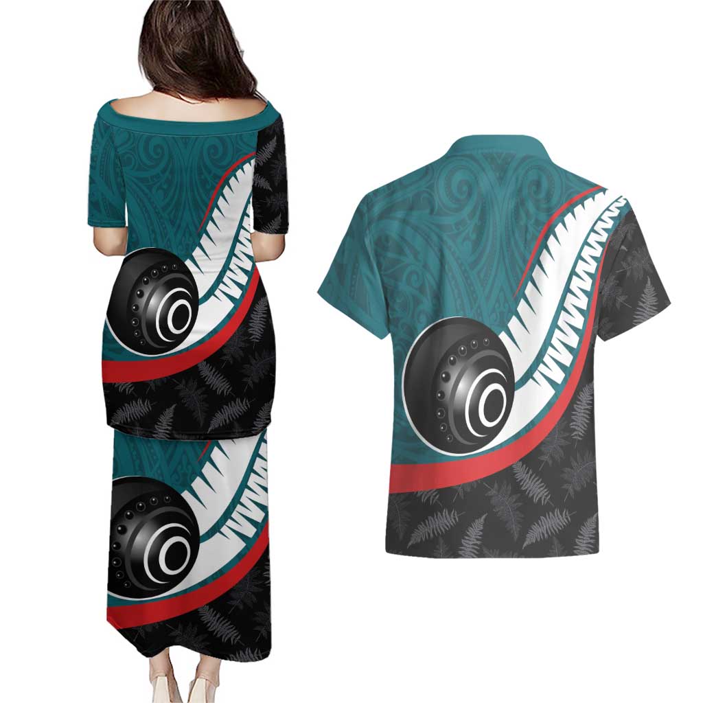Personalised Aotearoa Lawn Bowls Couples Matching Puletasi and Hawaiian Shirt Maori and Silver Fern Sporty Style Teal Color - Aussie Hoodie