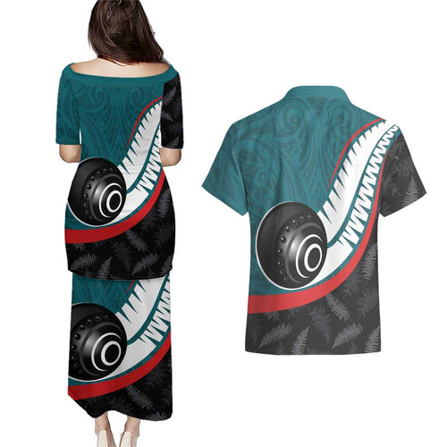 Personalised Aotearoa Lawn Bowls Couples Matching Puletasi and Hawaiian Shirt Maori and Silver Fern Sporty Style Teal Color - Aussie Hoodie