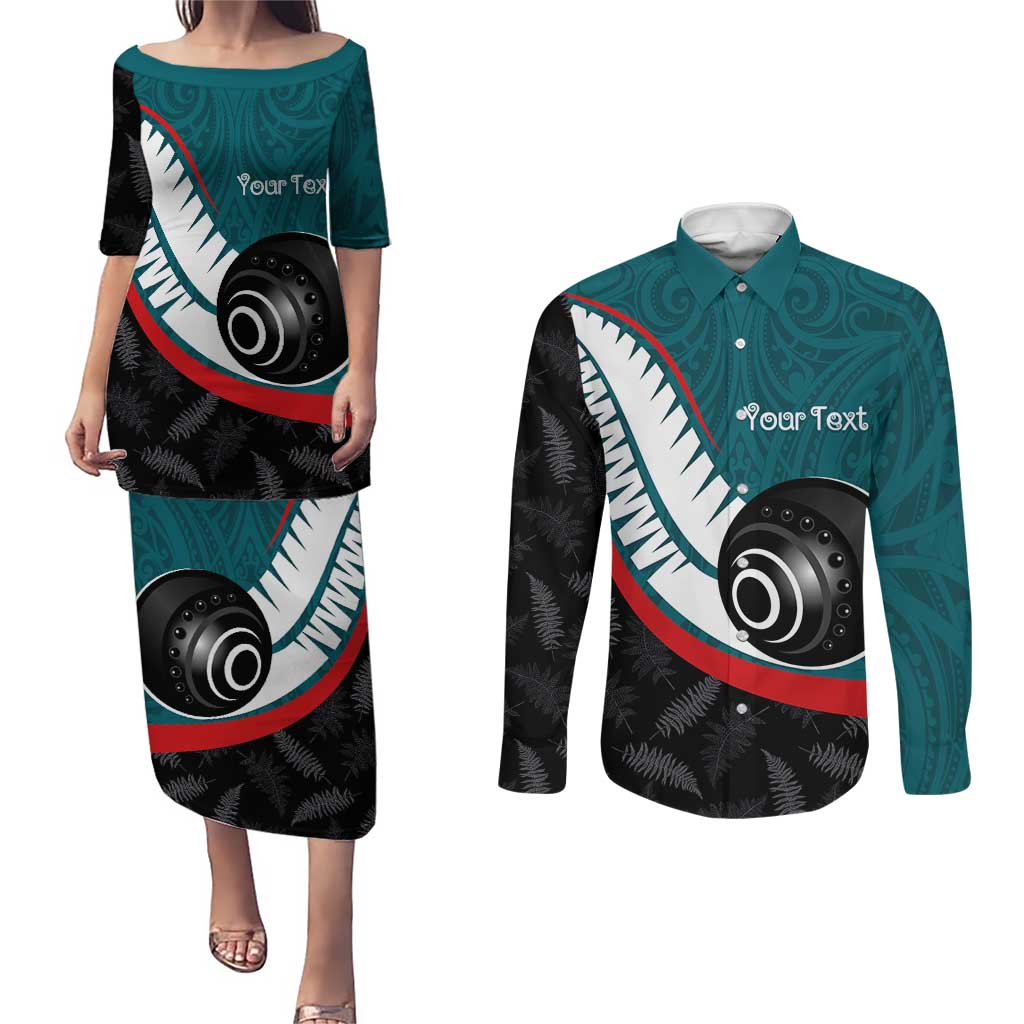 Personalised Aotearoa Lawn Bowls Couples Matching Puletasi and Long Sleeve Button Shirt Maori and Silver Fern Sporty Style Teal Color - Aussie Hoodie
