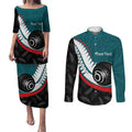 Personalised Aotearoa Lawn Bowls Couples Matching Puletasi and Long Sleeve Button Shirt Maori and Silver Fern Sporty Style Teal Color - Aussie Hoodie