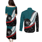 Personalised Aotearoa Lawn Bowls Couples Matching Puletasi and Long Sleeve Button Shirt Maori and Silver Fern Sporty Style Teal Color - Aussie Hoodie