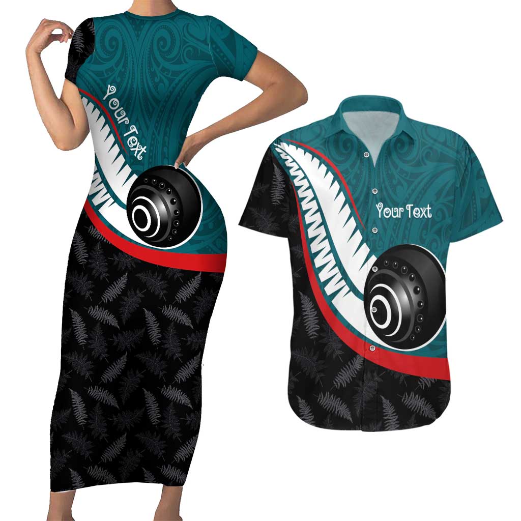 Personalised Aotearoa Lawn Bowls Couples Matching Short Sleeve Bodycon Dress and Hawaiian Shirt Maori and Silver Fern Sporty Style Teal Color - Aussie Hoodie
