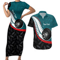 Personalised Aotearoa Lawn Bowls Couples Matching Short Sleeve Bodycon Dress and Hawaiian Shirt Maori and Silver Fern Sporty Style Teal Color - Aussie Hoodie