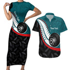 Personalised Aotearoa Lawn Bowls Couples Matching Short Sleeve Bodycon Dress and Hawaiian Shirt Maori and Silver Fern Sporty Style Teal Color - Aussie Hoodie