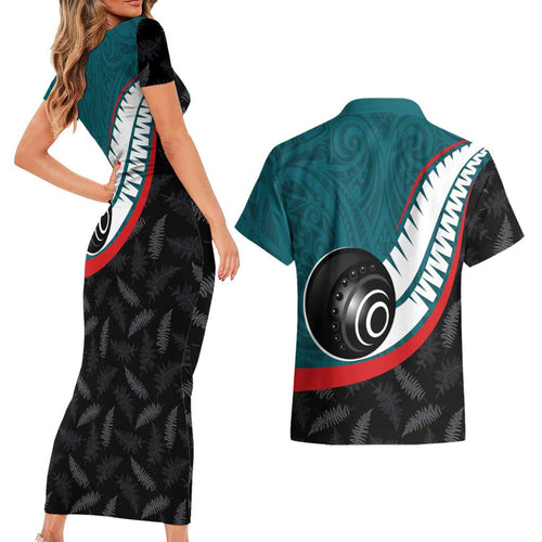 Personalised Aotearoa Lawn Bowls Couples Matching Short Sleeve Bodycon Dress and Hawaiian Shirt Maori and Silver Fern Sporty Style Teal Color - Aussie Hoodie