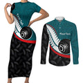 Personalised Aotearoa Lawn Bowls Couples Matching Short Sleeve Bodycon Dress and Long Sleeve Button Shirt Maori and Silver Fern Sporty Style Teal Color - Aussie Hoodie