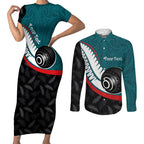 Personalised Aotearoa Lawn Bowls Couples Matching Short Sleeve Bodycon Dress and Long Sleeve Button Shirt Maori and Silver Fern Sporty Style Teal Color - Aussie Hoodie