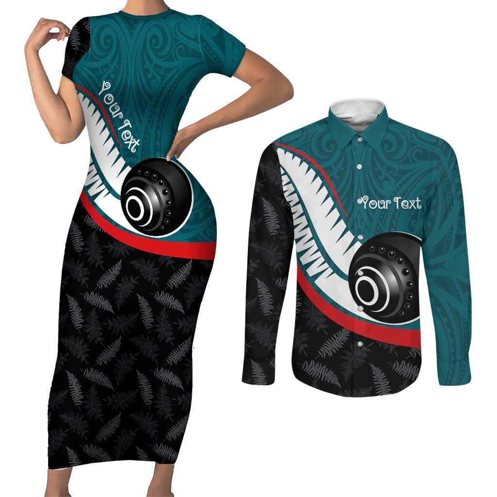 Personalised Aotearoa Lawn Bowls Couples Matching Short Sleeve Bodycon Dress and Long Sleeve Button Shirt Maori and Silver Fern Sporty Style Teal Color - Aussie Hoodie