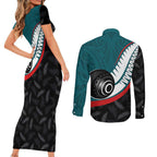 Personalised Aotearoa Lawn Bowls Couples Matching Short Sleeve Bodycon Dress and Long Sleeve Button Shirt Maori and Silver Fern Sporty Style Teal Color - Aussie Hoodie