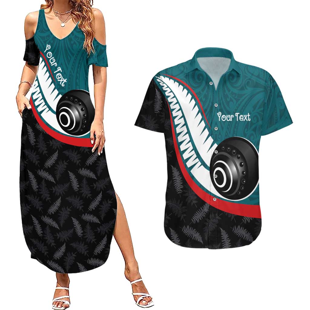 Personalised Aotearoa Lawn Bowls Couples Matching Summer Maxi Dress and Hawaiian Shirt Maori and Silver Fern Sporty Style Teal Color - Aussie Hoodie