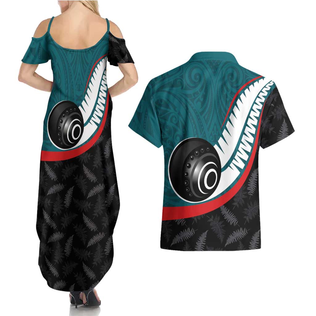 Personalised Aotearoa Lawn Bowls Couples Matching Summer Maxi Dress and Hawaiian Shirt Maori and Silver Fern Sporty Style Teal Color - Aussie Hoodie