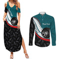 Personalised Aotearoa Lawn Bowls Couples Matching Summer Maxi Dress and Long Sleeve Button Shirt Maori and Silver Fern Sporty Style Teal Color - Aussie Hoodie