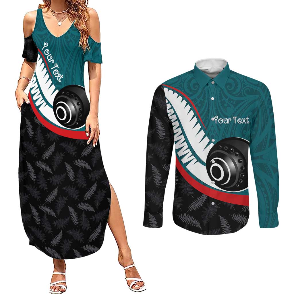 Personalised Aotearoa Lawn Bowls Couples Matching Summer Maxi Dress and Long Sleeve Button Shirt Maori and Silver Fern Sporty Style Teal Color - Aussie Hoodie