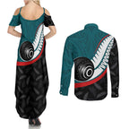 Personalised Aotearoa Lawn Bowls Couples Matching Summer Maxi Dress and Long Sleeve Button Shirt Maori and Silver Fern Sporty Style Teal Color - Aussie Hoodie