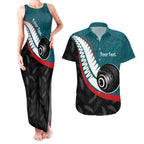 Personalised Aotearoa Lawn Bowls Couples Matching Tank Maxi Dress and Hawaiian Shirt Maori and Silver Fern Sporty Style Teal Color - Aussie Hoodie