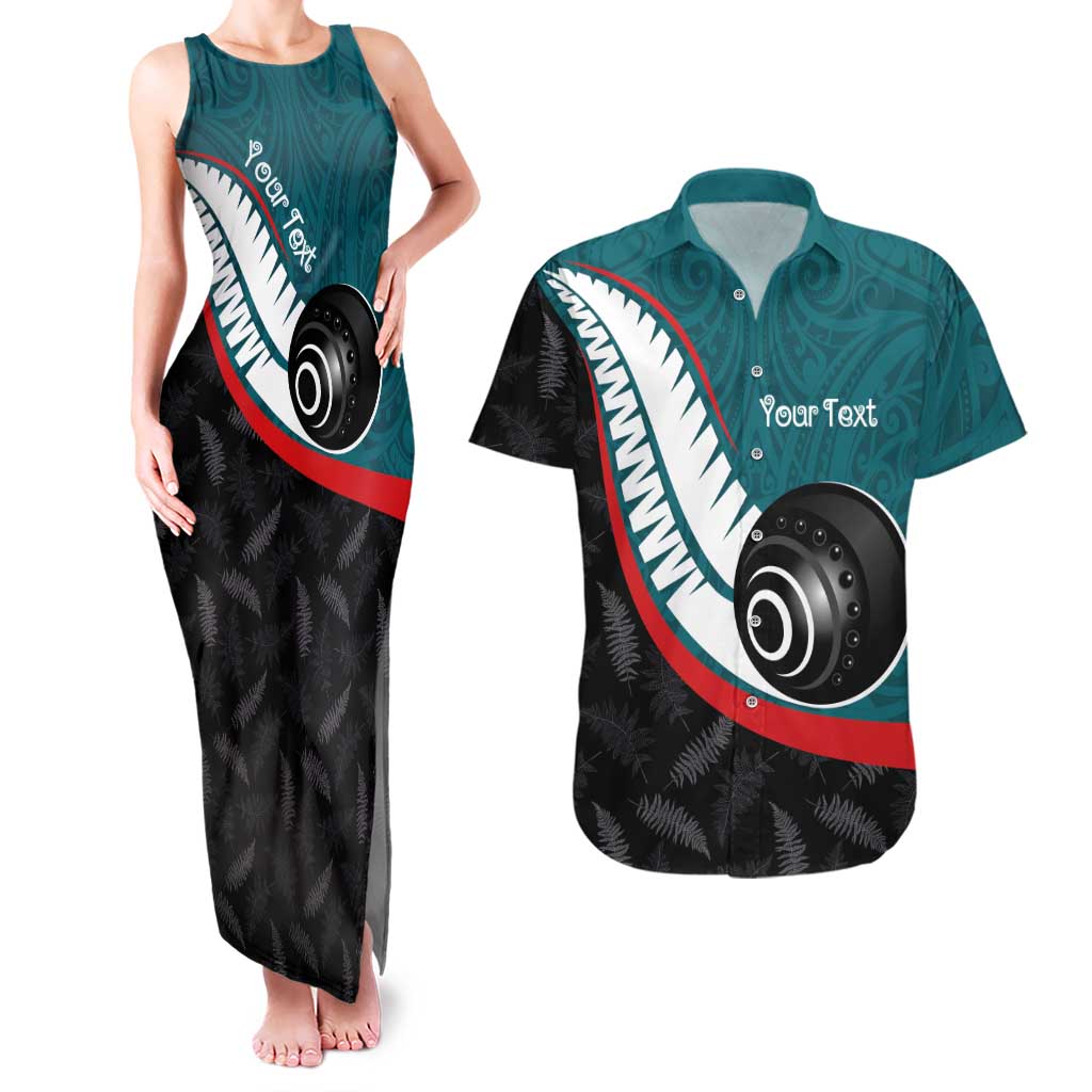 Personalised Aotearoa Lawn Bowls Couples Matching Tank Maxi Dress and Hawaiian Shirt Maori and Silver Fern Sporty Style Teal Color - Aussie Hoodie