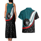 Personalised Aotearoa Lawn Bowls Couples Matching Tank Maxi Dress and Hawaiian Shirt Maori and Silver Fern Sporty Style Teal Color - Aussie Hoodie