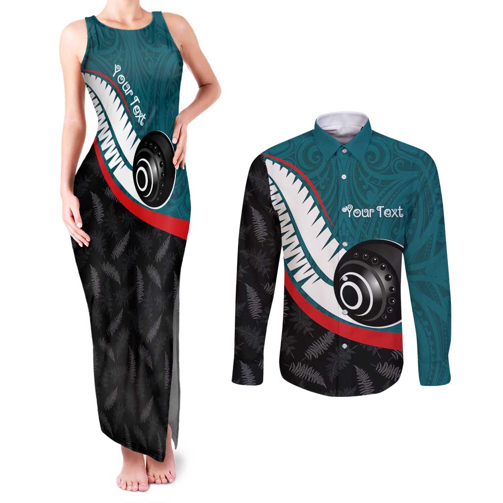 Personalised Aotearoa Lawn Bowls Couples Matching Tank Maxi Dress and Long Sleeve Button Shirt Maori and Silver Fern Sporty Style Teal Color - Aussie Hoodie