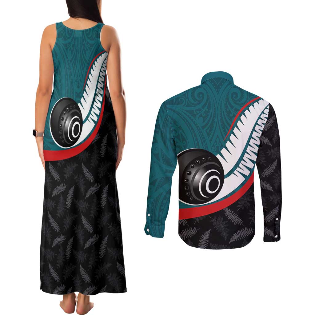 Personalised Aotearoa Lawn Bowls Couples Matching Tank Maxi Dress and Long Sleeve Button Shirt Maori and Silver Fern Sporty Style Teal Color - Aussie Hoodie
