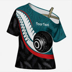 Personalised Aotearoa Lawn Bowls Cross Shoulder Shirt Maori and Silver Fern Sporty Style Teal Color - Aussie Hoodie