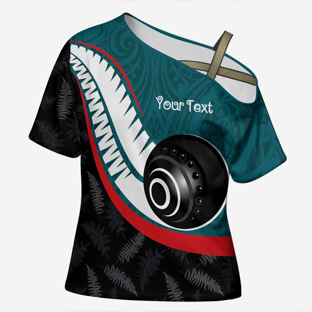 Personalised Aotearoa Lawn Bowls Cross Shoulder Shirt Maori and Silver Fern Sporty Style Teal Color - Aussie Hoodie