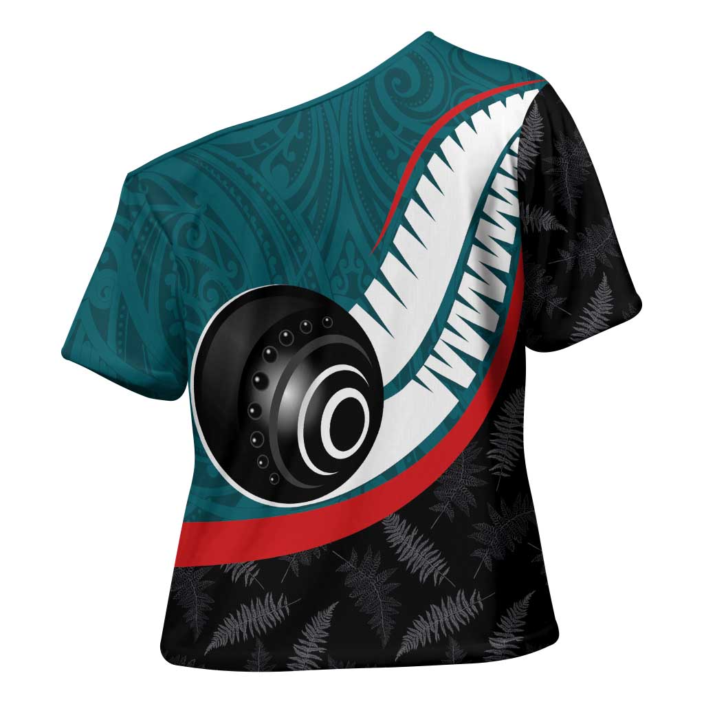 Personalised Aotearoa Lawn Bowls Cross Shoulder Shirt Maori and Silver Fern Sporty Style Teal Color - Aussie Hoodie
