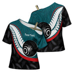 Personalised Aotearoa Lawn Bowls Cross Shoulder Shirt Maori and Silver Fern Sporty Style Teal Color - Aussie Hoodie