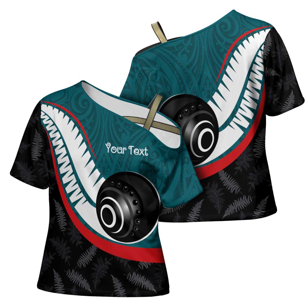 Personalised Aotearoa Lawn Bowls Cross Shoulder Shirt Maori and Silver Fern Sporty Style Teal Color - Aussie Hoodie