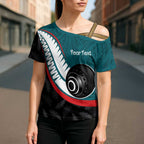 Personalised Aotearoa Lawn Bowls Cross Shoulder Shirt Maori and Silver Fern Sporty Style Teal Color - Aussie Hoodie