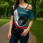 Personalised Aotearoa Lawn Bowls Cross Shoulder Shirt Maori and Silver Fern Sporty Style Teal Color - Aussie Hoodie