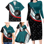 Personalised Aotearoa Lawn Bowls Family Matching Long Sleeve Bodycon Dress and Hawaiian Shirt Maori and Silver Fern Sporty Style Teal Color - Aussie Hoodie