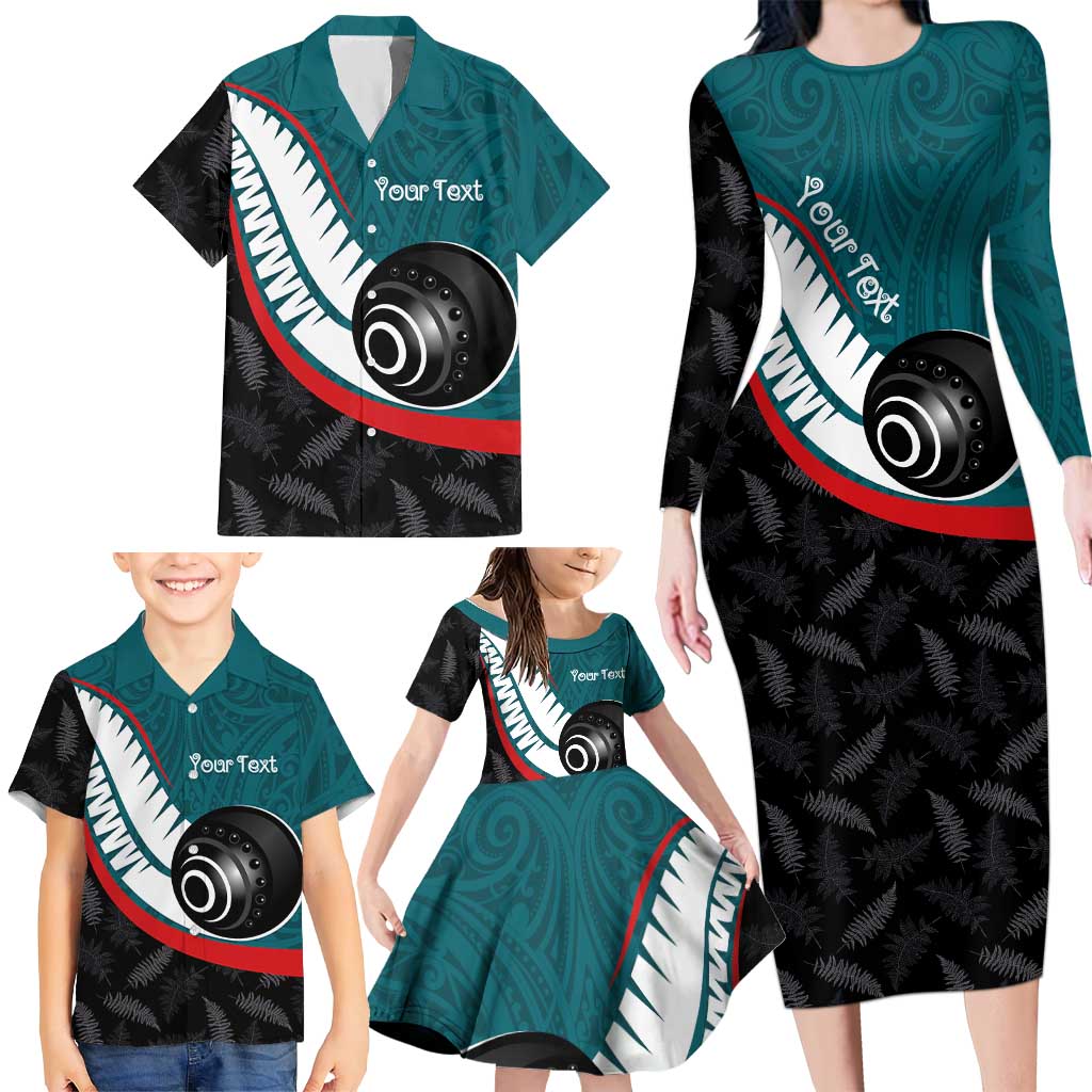 Personalised Aotearoa Lawn Bowls Family Matching Long Sleeve Bodycon Dress and Hawaiian Shirt Maori and Silver Fern Sporty Style Teal Color - Aussie Hoodie