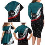 Personalised Aotearoa Lawn Bowls Family Matching Long Sleeve Bodycon Dress and Hawaiian Shirt Maori and Silver Fern Sporty Style Teal Color - Aussie Hoodie
