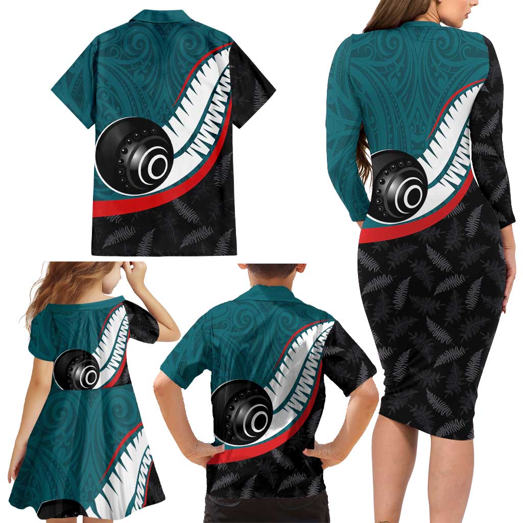 Personalised Aotearoa Lawn Bowls Family Matching Long Sleeve Bodycon Dress and Hawaiian Shirt Maori and Silver Fern Sporty Style Teal Color - Aussie Hoodie