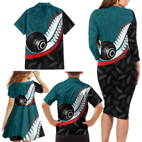 Personalised Aotearoa Lawn Bowls Family Matching Long Sleeve Bodycon Dress and Hawaiian Shirt Maori and Silver Fern Sporty Style Teal Color - Aussie Hoodie