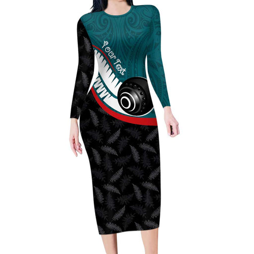 Personalised Aotearoa Lawn Bowls Family Matching Long Sleeve Bodycon Dress and Hawaiian Shirt Maori and Silver Fern Sporty Style Teal Color - Aussie Hoodie