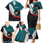 Personalised Aotearoa Lawn Bowls Family Matching Mermaid Dress and Hawaiian Shirt Maori and Silver Fern Sporty Style Teal Color - Aussie Hoodie