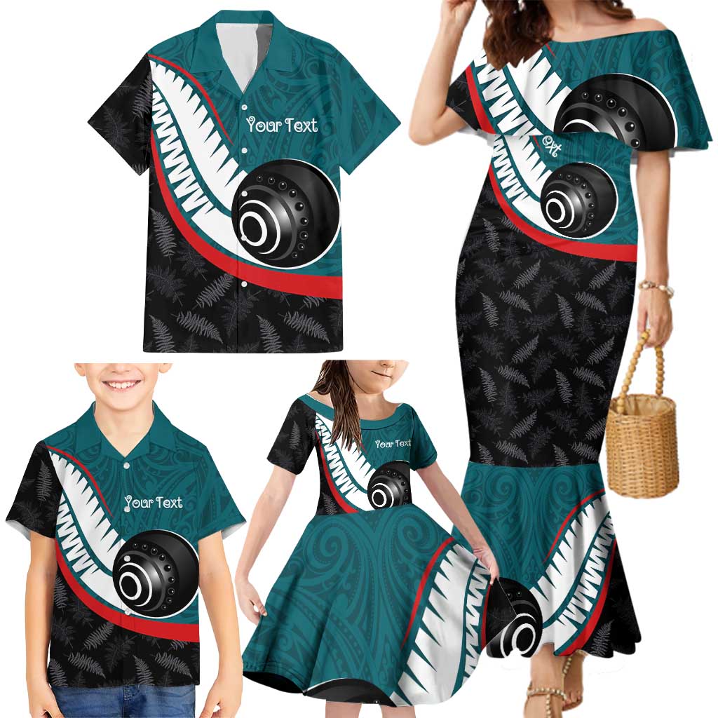 Personalised Aotearoa Lawn Bowls Family Matching Mermaid Dress and Hawaiian Shirt Maori and Silver Fern Sporty Style Teal Color - Aussie Hoodie
