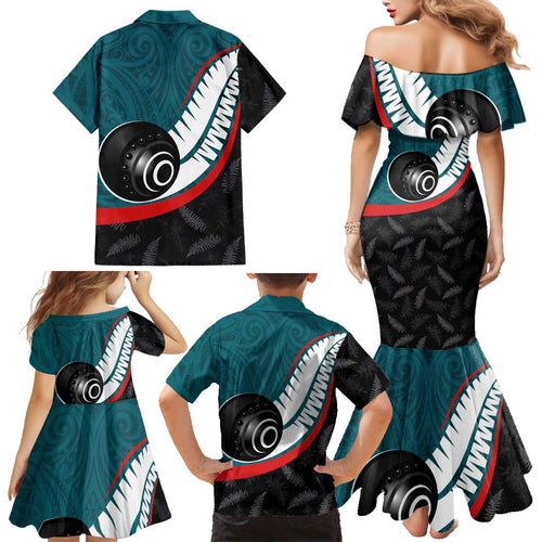 Personalised Aotearoa Lawn Bowls Family Matching Mermaid Dress and Hawaiian Shirt Maori and Silver Fern Sporty Style Teal Color - Aussie Hoodie