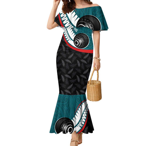 Personalised Aotearoa Lawn Bowls Family Matching Mermaid Dress and Hawaiian Shirt Maori and Silver Fern Sporty Style Teal Color - Aussie Hoodie